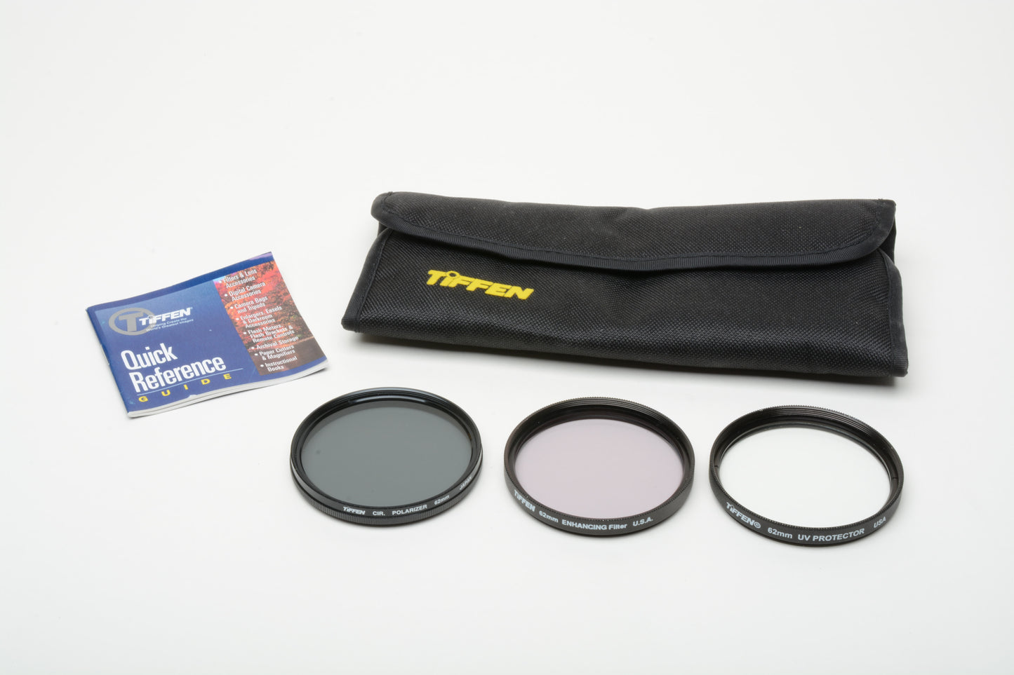 Tiffen set of 3 62mm filters (Enhancing, Circular Polarizer, UV), in pouch, very clean