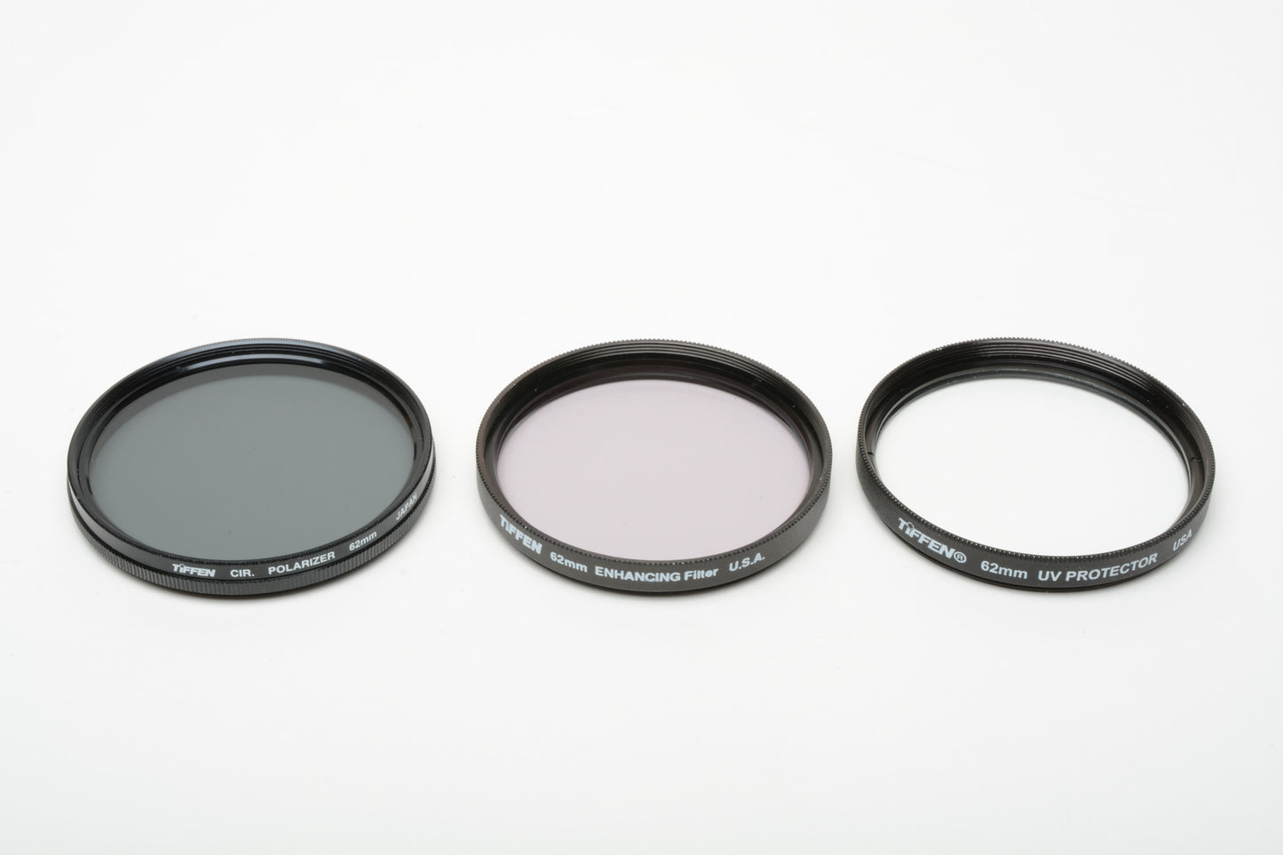 Tiffen set of 3 62mm filters (Enhancing, Circular Polarizer, UV), in pouch, very clean