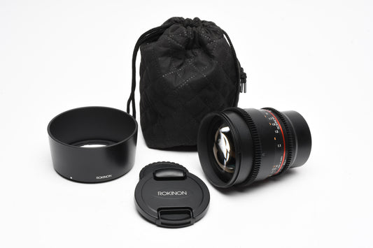 Rokinon 85mm T1.5 AS IF UMC II for Micro 4/3 mount, Hood+Pouch, Mint-