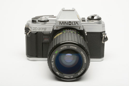 Minolta X-370 35mm SLR w/5-Star MC 35-75mm f3.5-4.8 zoom, new seals, strap, clean!