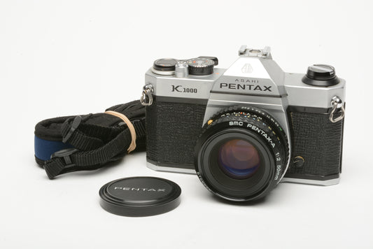 Pentax K1000 35mm SLR Body w/Pentax-A 50mm f2 lens, new seals, strap+cap, clean!