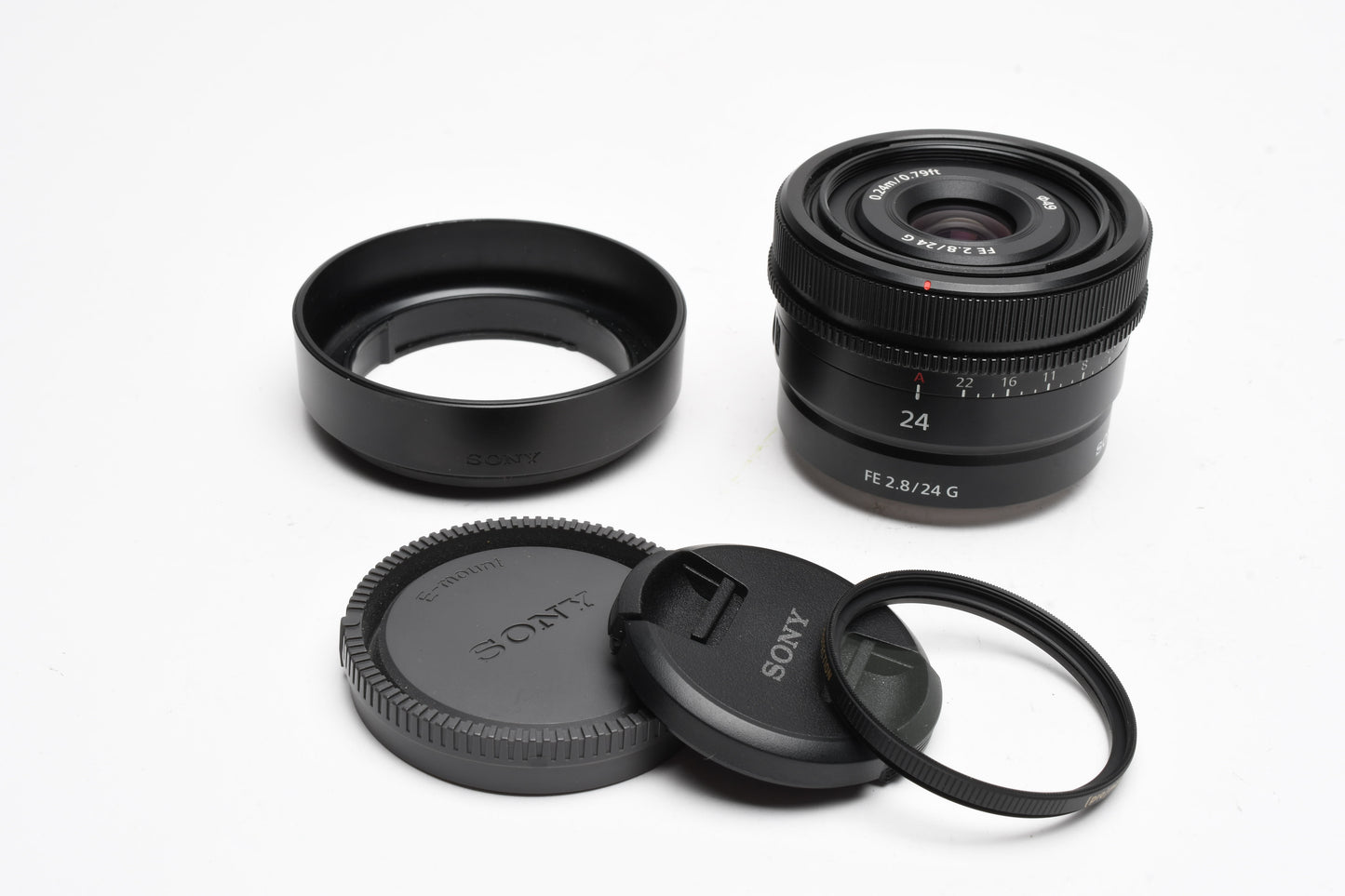 Sony FE 24mm 24 f/2.8 f2.8 G Lens, Hood, Caps, Mint-