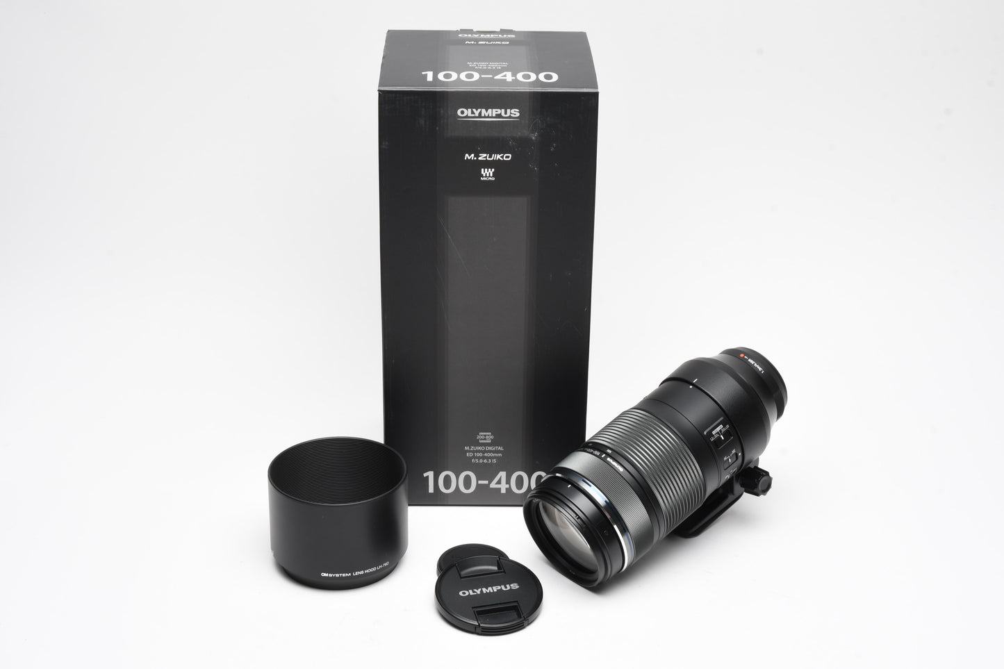 Olympus M Zuiko 100-400mm F5-6.3 IS ED MSC zoom, hood, collar, box, Mint