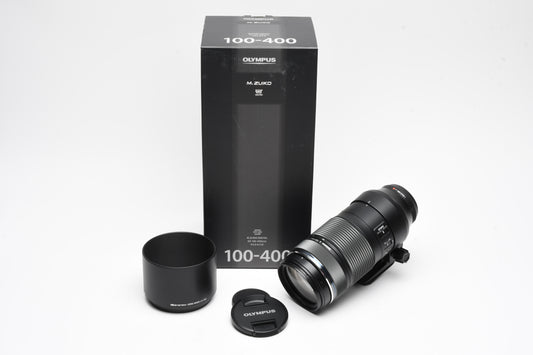 Olympus M Zuiko 100-400mm F5-6.3 IS ED MSC zoom, hood, collar, box, Mint