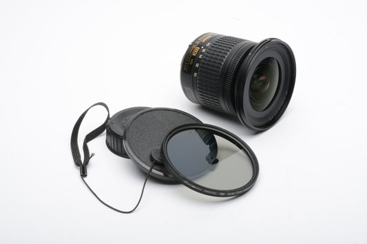 Nikon AF-P Nikkor 10-20mm f4.5-5.6G DX VR zoom lens, caps + UV, clean