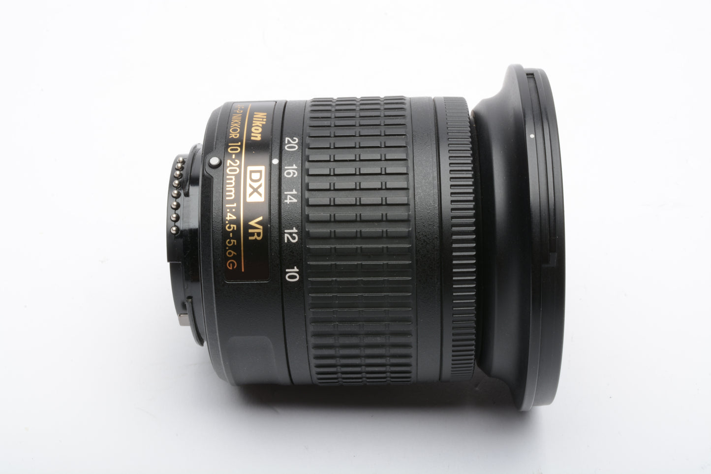 Nikon AF-P Nikkor 10-20mm f4.5-5.6G DX VR zoom lens, caps + UV, clean