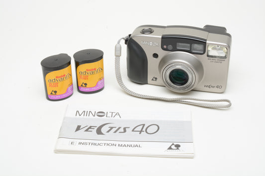 Minolta Vectis 40 APS film camera w/30-120mm zoom lens + 2X rolls of APS film