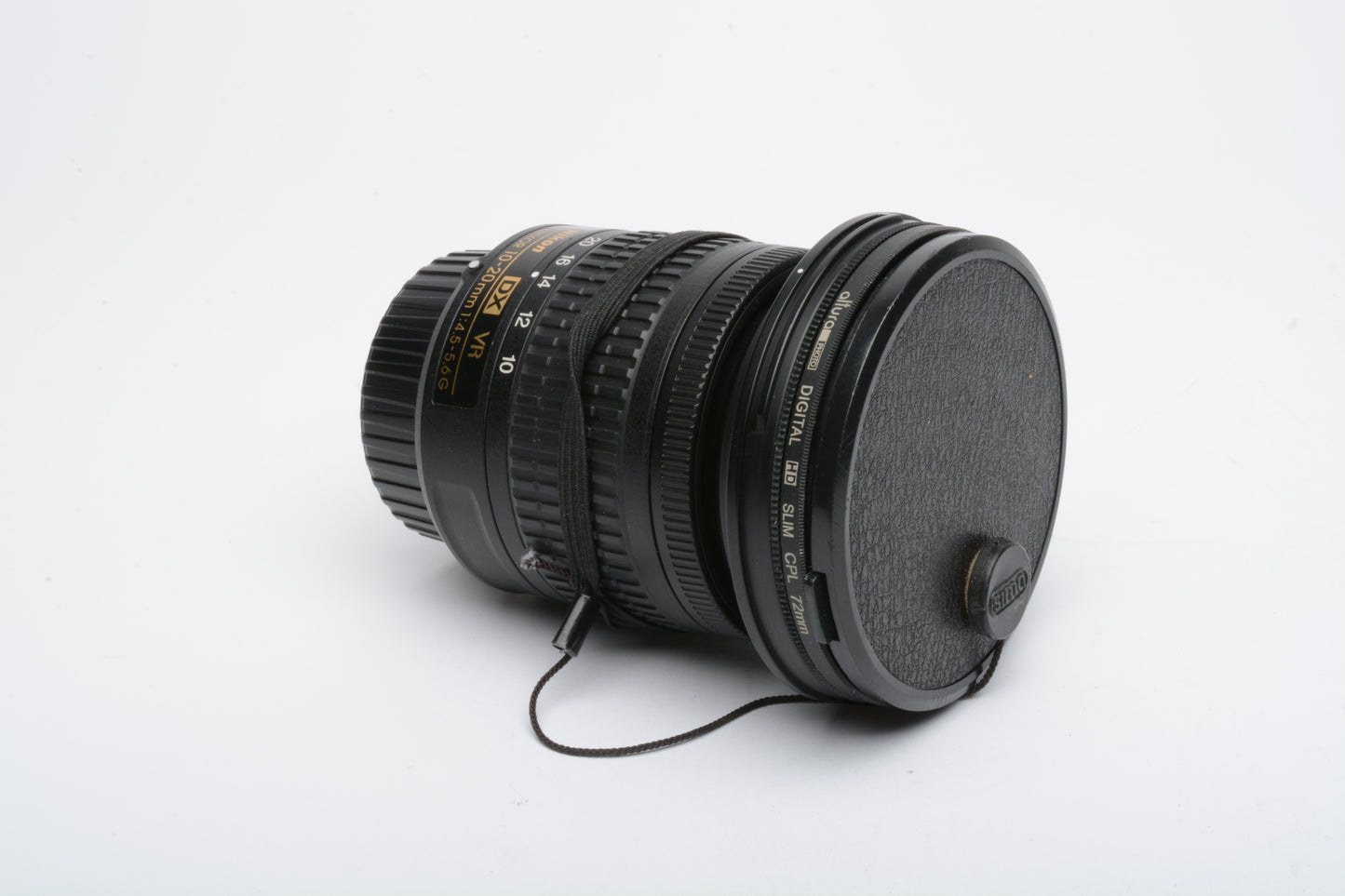 Nikon AF-P Nikkor 10-20mm f4.5-5.6G DX VR zoom lens, caps + UV, clean