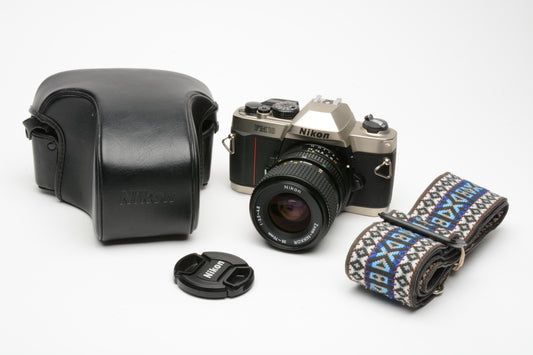 Nikon FM-10 35mm SLR w/35-70mm f3.5-4.8 zoom lens, cap+strap+case, Clean!