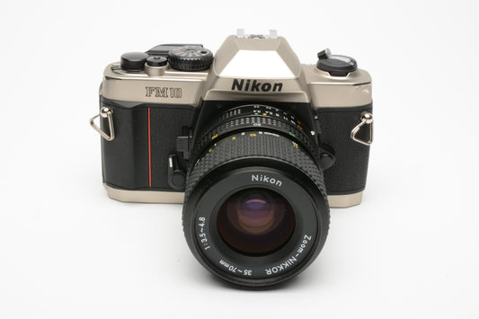 Nikon FM-10 35mm SLR w/35-70mm f3.5-4.8 zoom lens, cap+strap+case, Clean!