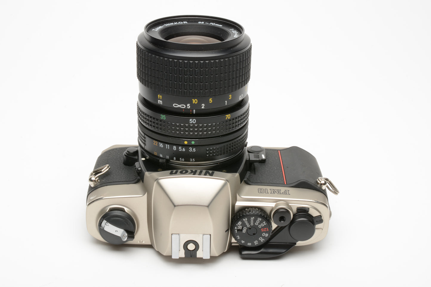 Nikon FM-10 35mm SLR w/35-70mm f3.5-4.8 zoom lens, cap+strap+case, Clean!