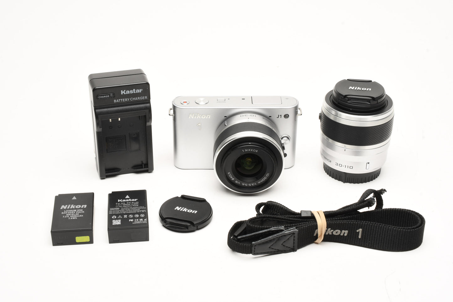 Nikon J1 (Silver) 2-Lens Kit w/10-30mm and 30-110mm lenses, 2Batts, Tested