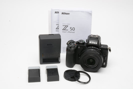 Nikon Z50 Mirrorless w/16-50mm f3.5-6.3 DX zoom lens, 2batts, charger, 17K Acts, clean