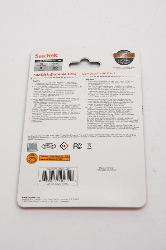 SanDisk 32GB CF Extreme Pro CompactFlash Memory Card 160MB/s UDMA 7
