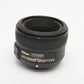 Nikon AF-S Nikkor 50mm f1.8G prime lens, Mint-, USA, hood, caps