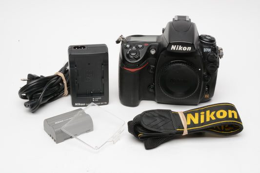 Nikon D700 DSLR Body w/Batt, charger, strap, USB, 62K Acts, Nice!