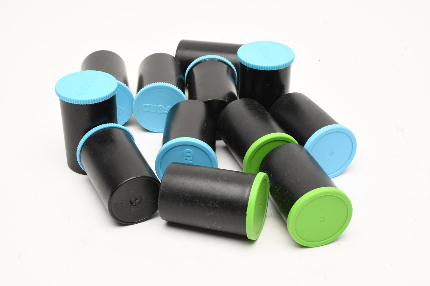 12X Plastic Ilford 35mm plastic film canisters, Clean, Blue/Green lids