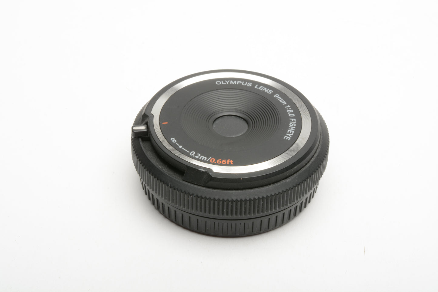 Olympus 9mm f8 fisheye wide pancake lens, cap, very clean, Micro 4/3 Mount