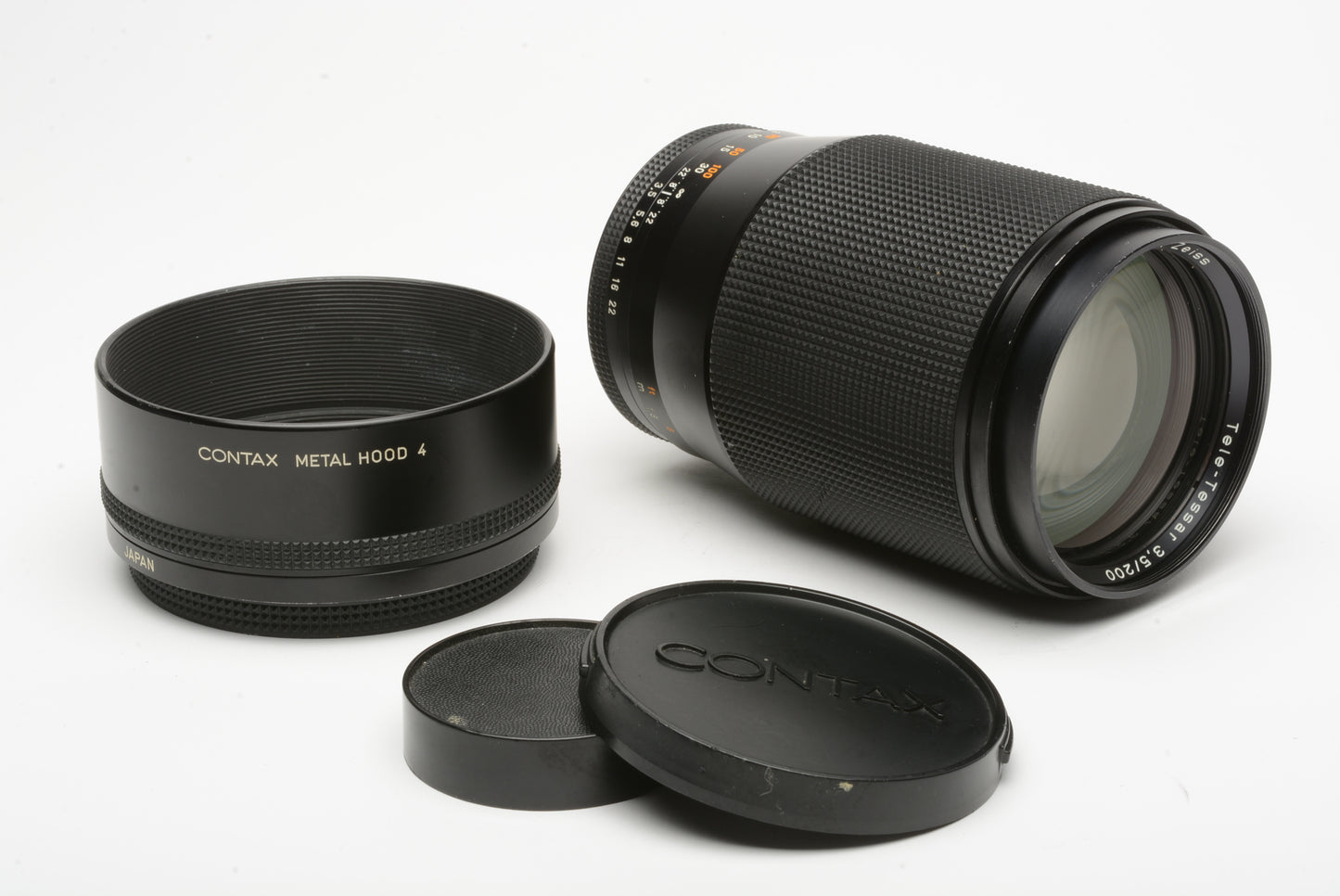 Contax Tele-Tessar 200mm f3.5 AEG T* lens for Contax/Yashica mount, hood, caps