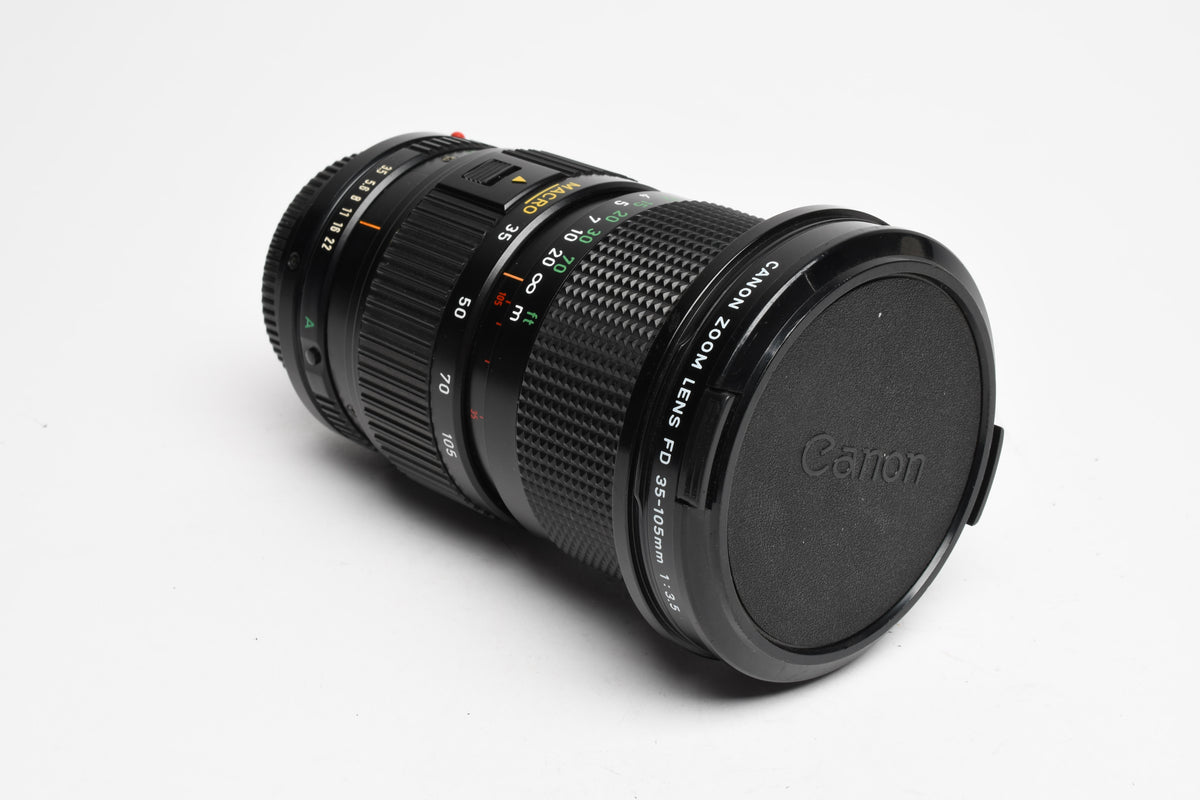 Canon FD 35-105mm f3.5 Macro zoom lens, caps, great, smooth FD Mount