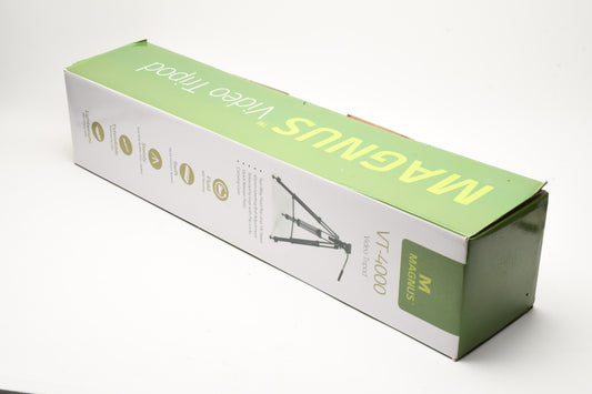 Magnus VT4000 Video tripod, fluid head, QR plate, case, New in Box