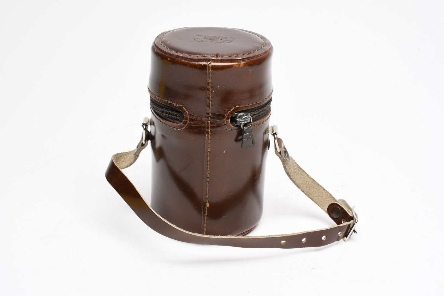 E. Leitz 5" x 3" brown leather lens case, clean