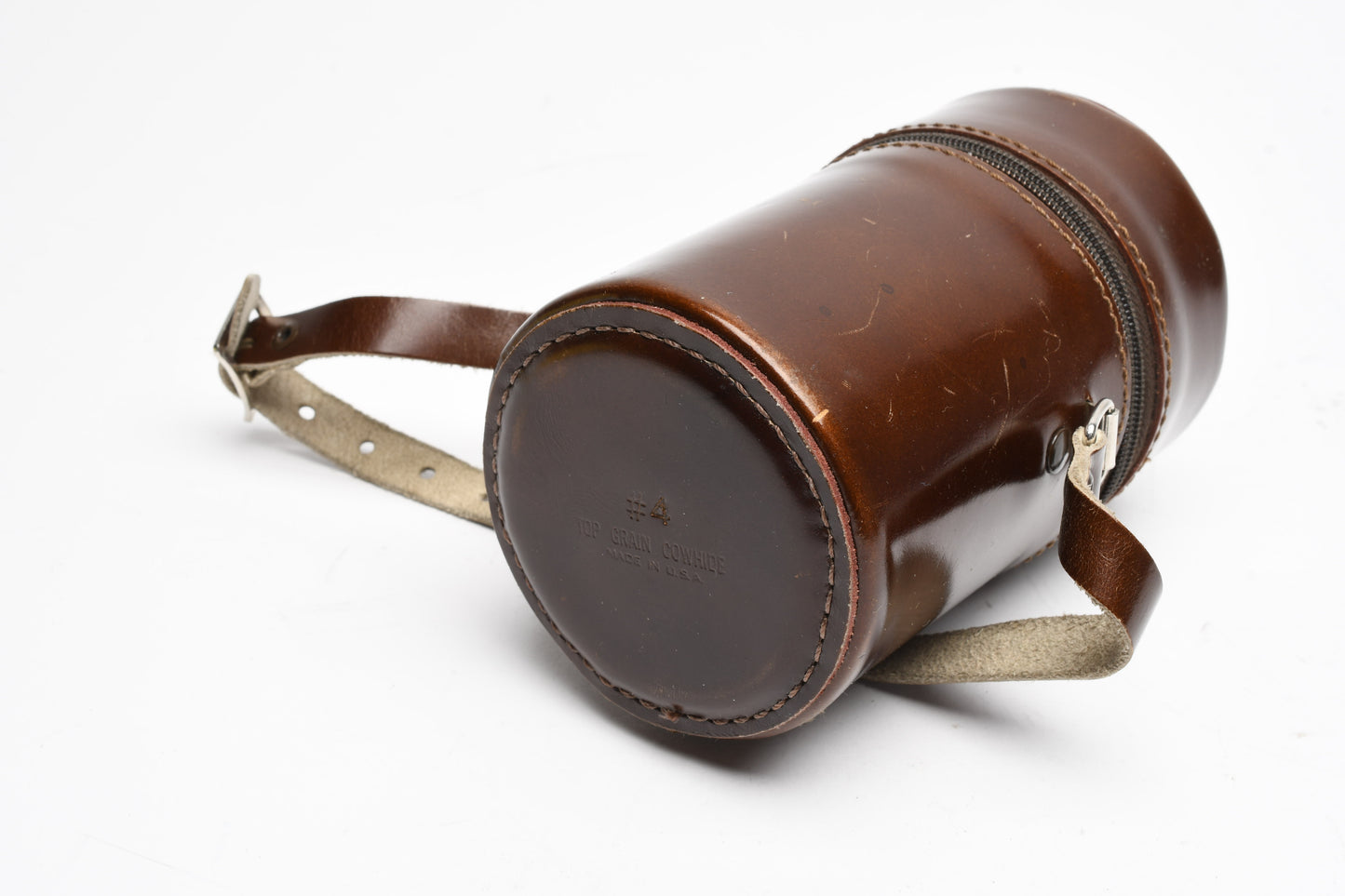 E. Leitz 5" x 3" brown leather lens case, clean