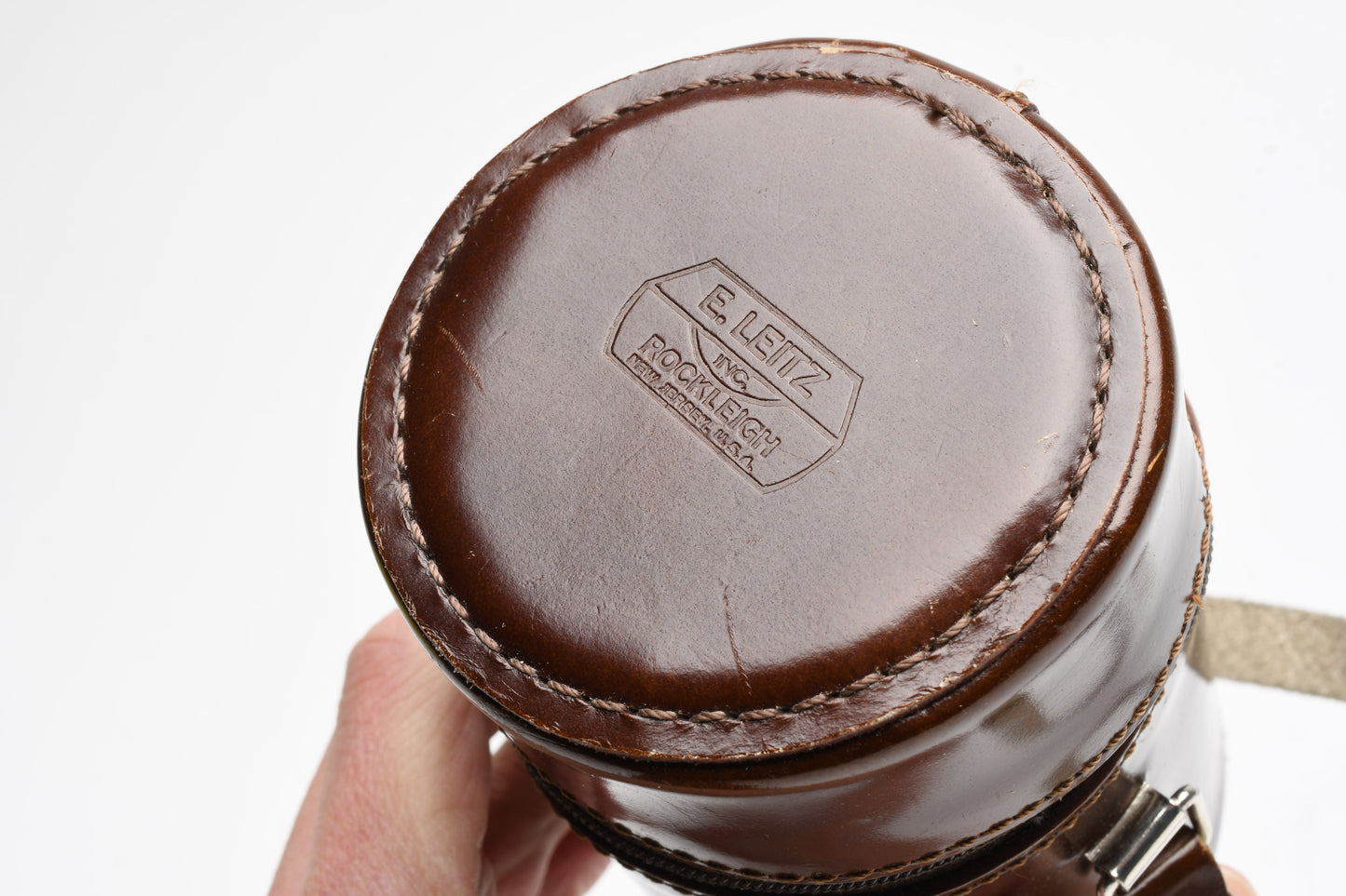 E. Leitz 5" x 3" brown leather lens case, clean