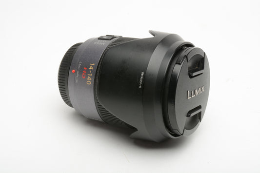 Panasonic Lumix G Vario HD 14-140mm F4 zoom, hood, caps, UV