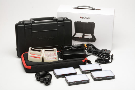 Aputure MC4 Light Travel Kit w/wireless charging case, ball heads, diffusers, USB-C++
