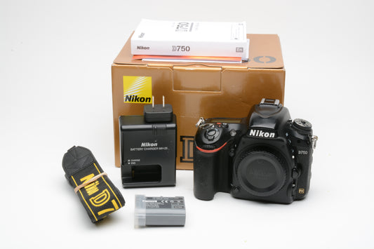 Nikon D750 DSLR Body, batt+charger+strap, boxed, 159K Acts, good, tested