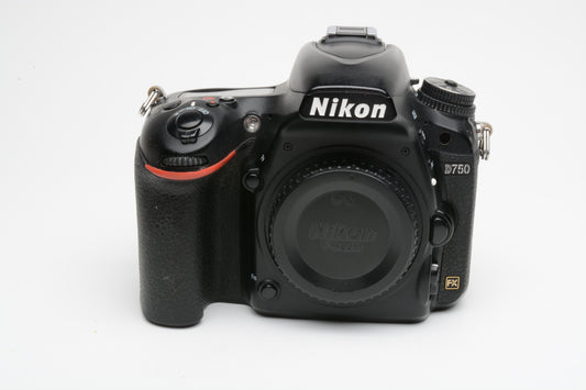 Nikon D750 DSLR Body, batt+charger+strap, boxed, 159K Acts, good, tested