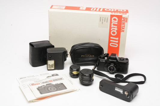 Pentax Auto 110 Kit, lenses, flash, winder, Boxed, Clean, tested, Mint-