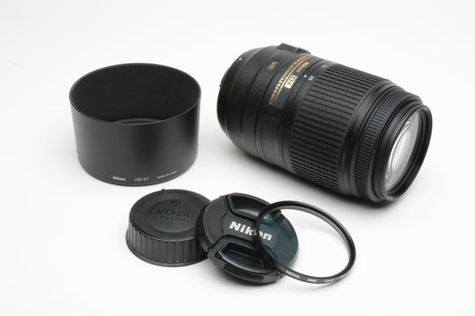 Nikon AF-S Nikkor 55-300mm f4.5-5.6G ED VR zoom lens, caps, hood, UV