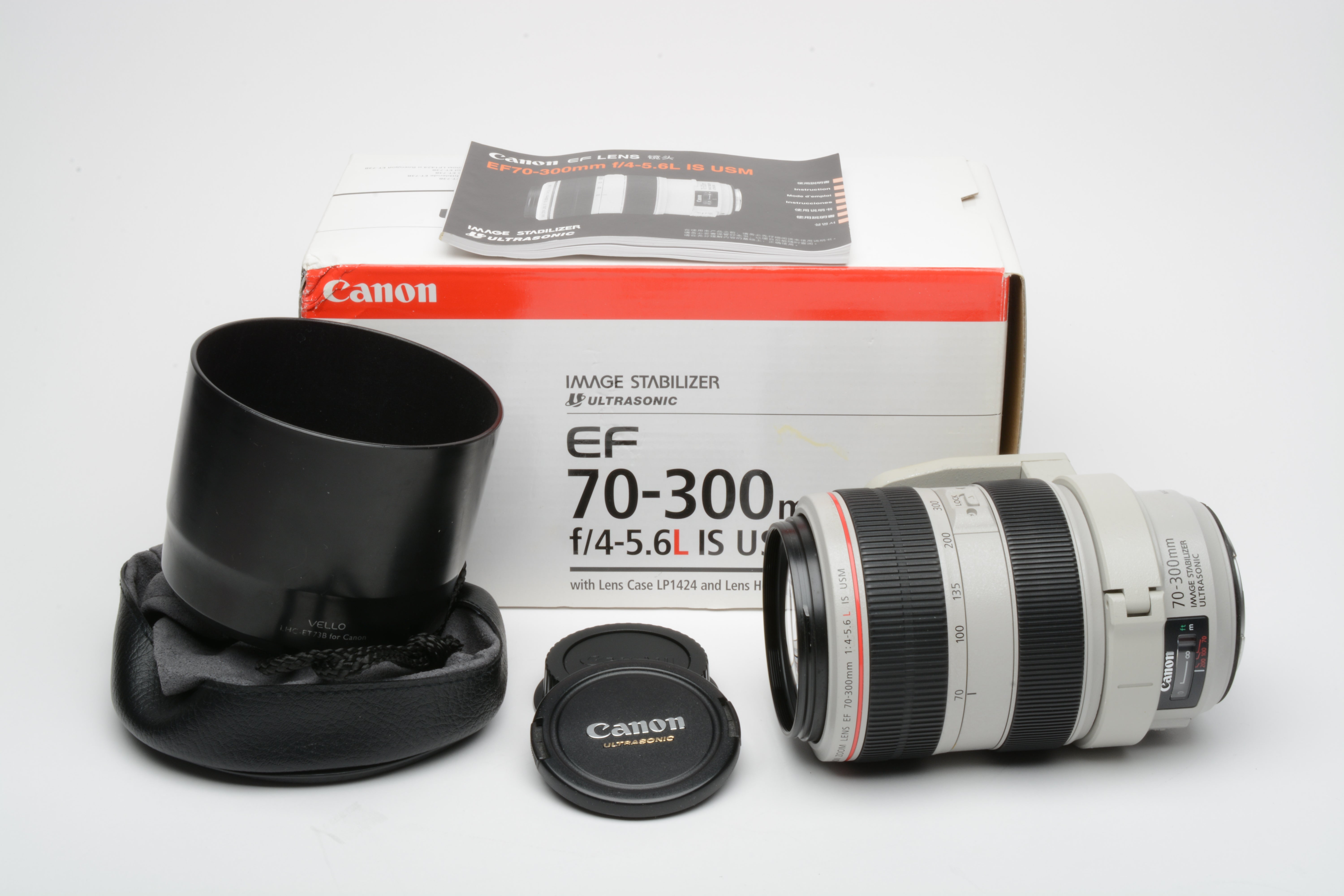 Canon EF 70-300mm f4-5.6L IS USM, hood, caps, pouch + tripod ...