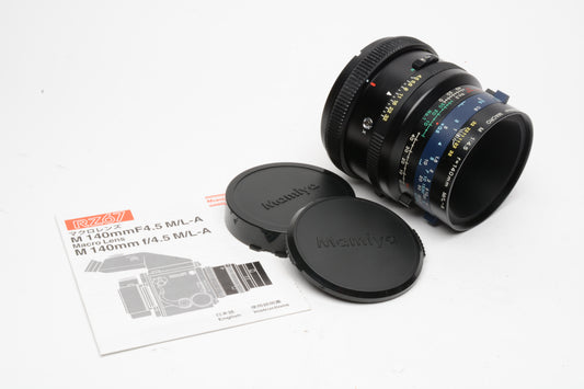 Mamiya M 140mm f4.5M/L-A lens for RZ67 cameras w/Instructions, caps, Mint