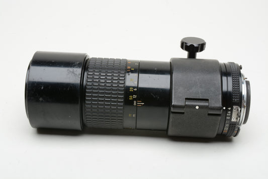 Nikon Micro Nikkor MF 200mm f4 ED IF AIS telephoto lens, caps, well used, still great