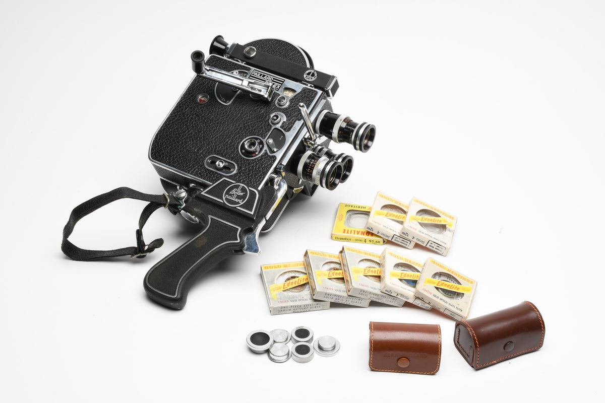 Bolex H16 camera w/3X Kern lenses, filters, Grip, Tested, Great!