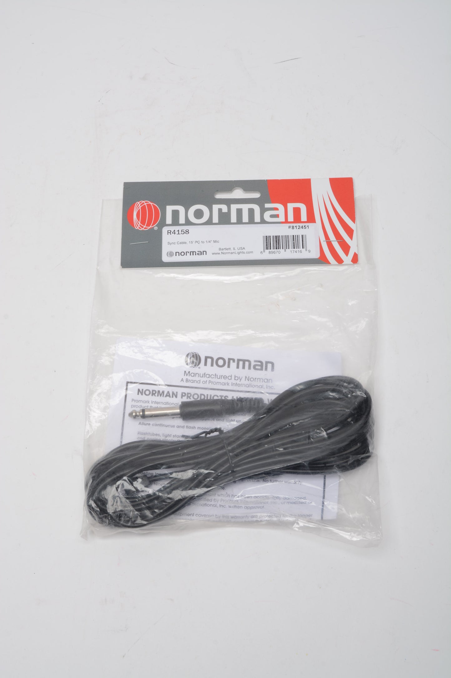 Norman R4158 Sync Cable 15' PC to 1/4" Mic, New