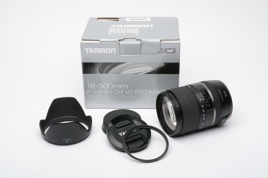 Tamron AF 16-300mm PZD Di II f3.5-6.3 Canon EF w/Lens hood, UV filter, boxed, USA