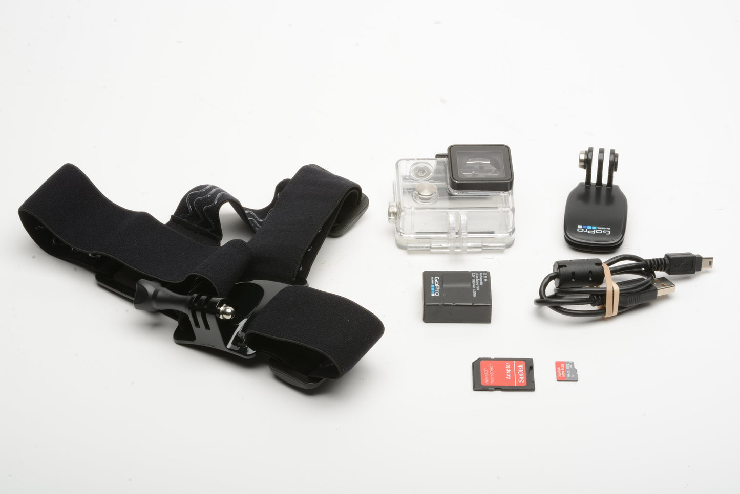 GoPro Hero 3+ camera w/batt, charging cable, housing, 64GB Micro SD + mounts + case