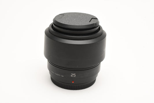 Panasonic Lumix G 25mm F1.7 Aspherical lens, H-H025, caps+hood+CPL