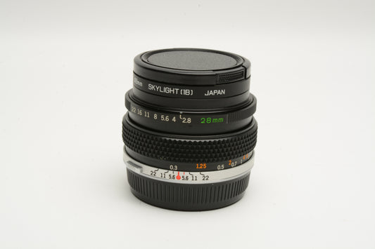 Olympus 28mm f2.8 OM Mount Auto-W wide angle lens, Sky+caps, clean!