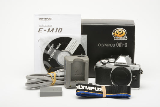 Olympus OM-D E-M10 II Silver body, only 117 Actuations, batt+charger+strap, Very clean!
