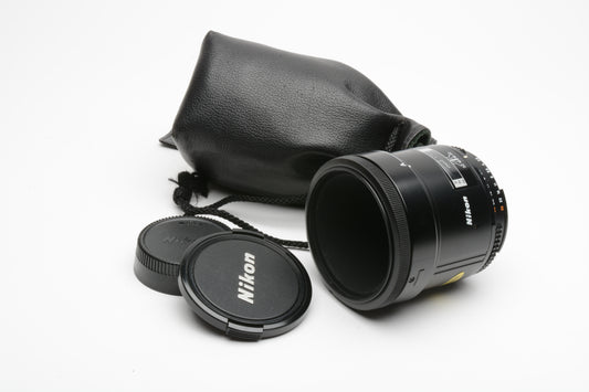 Nikon AF Micro Nikkor 55mm f2.8 lens, caps, pouch, Mint-, Sharp!