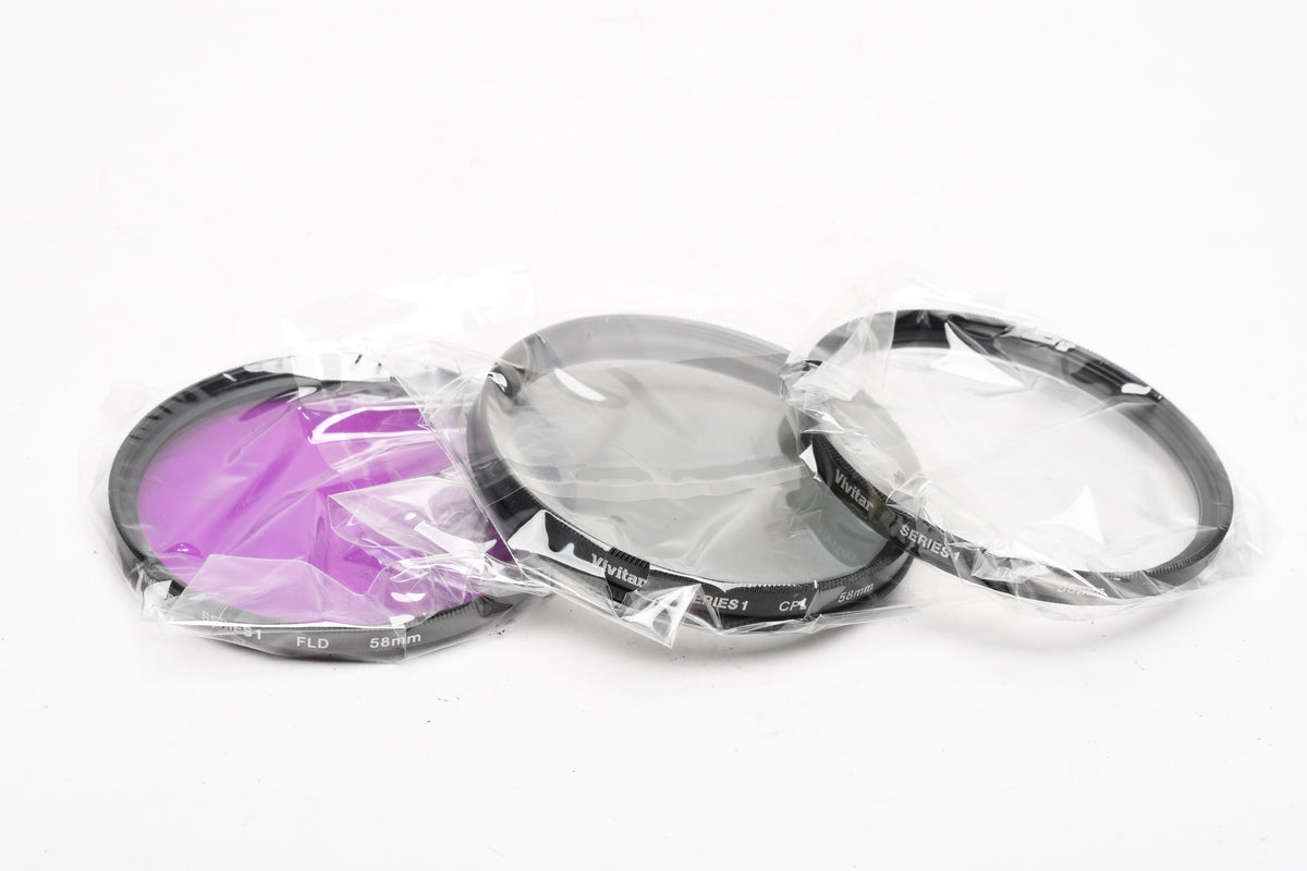 Vivitar set of 3 58mm filters: UV, CPL and FDL, In case, Boxed, New