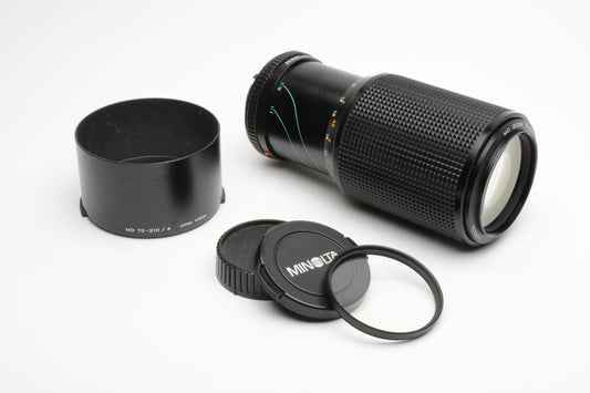 Minolta 70-210mm F4 MD mount macro telephoto zoom lens, hood+caps+UV