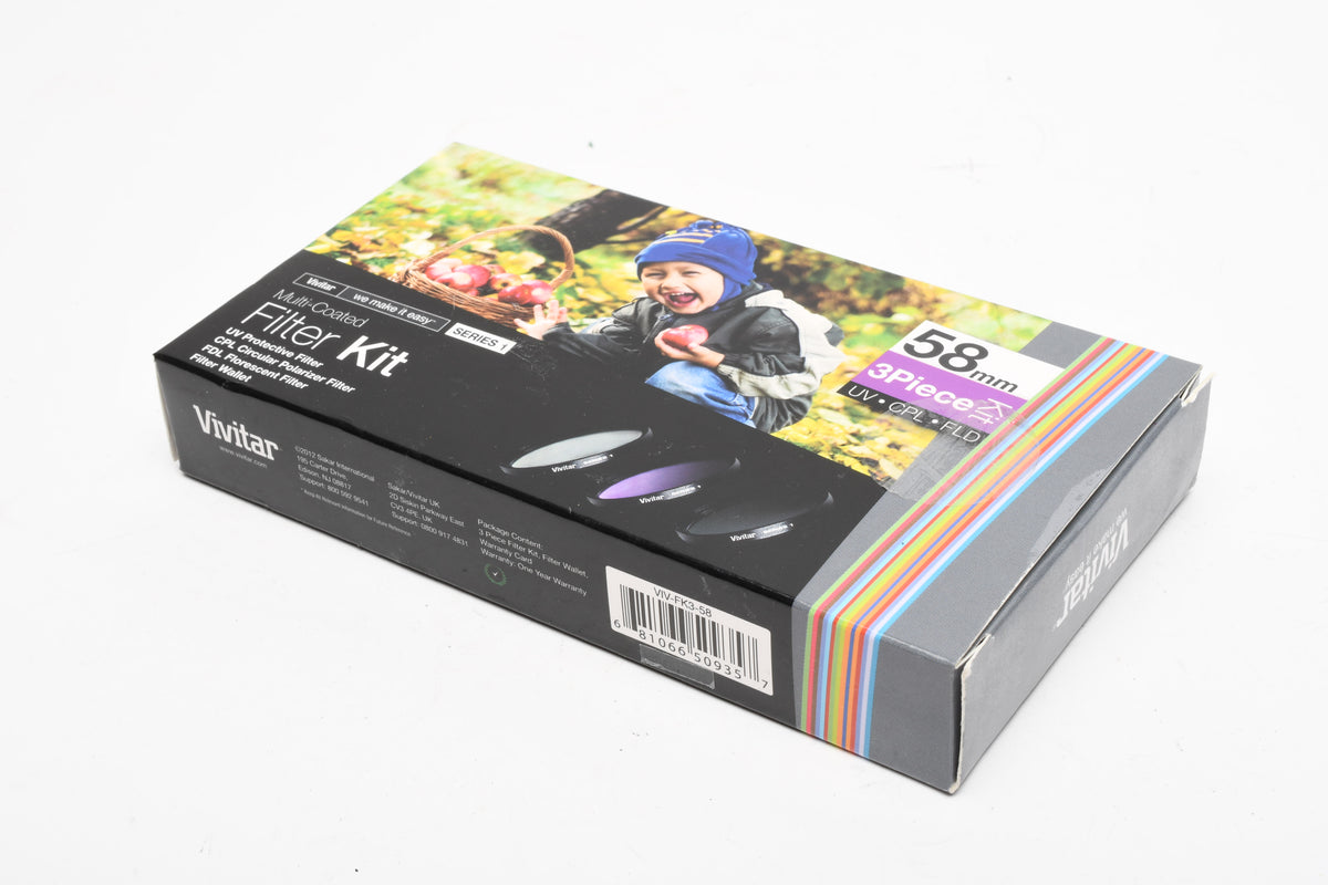 Vivitar set of 3 58mm filters: UV, CPL and FDL, In case, Boxed, New