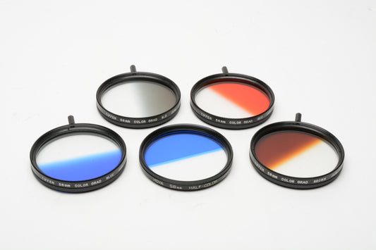 Set of 5 Tiffen 58mm filters:  Color Grad Red, Brown, Blue, ND, and Hard Blue