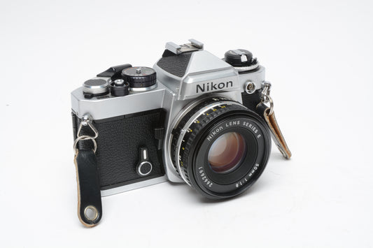 Nikon FE 35mm SLR w/50mm f1.8 E , Strap, New Seals, Case, Tested!